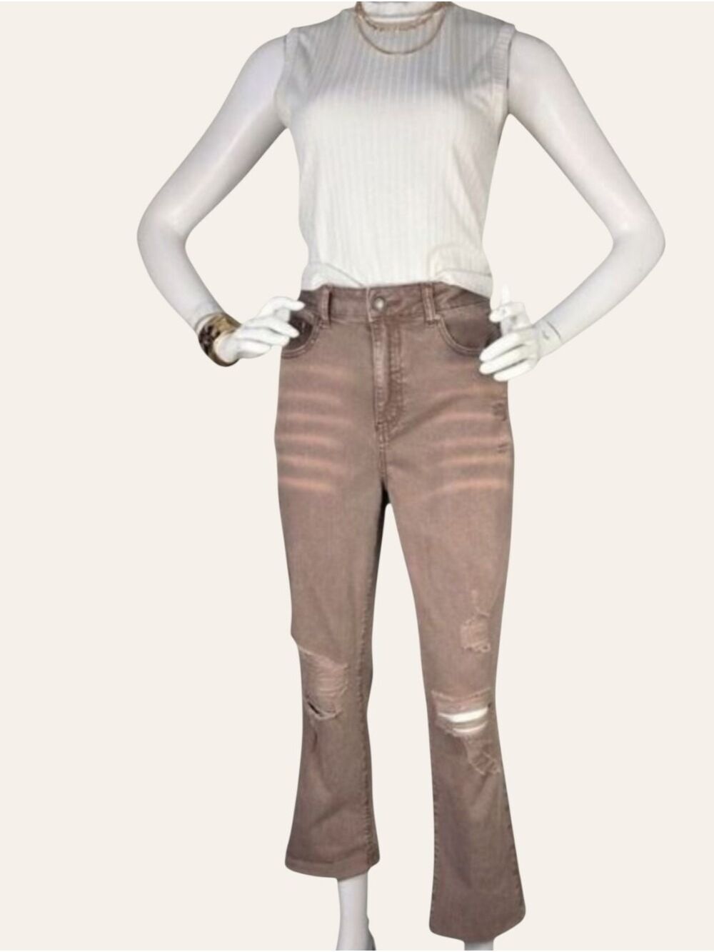 Grace & Lace Taupe Cropped Kick Flare Distressed Jeans Size 8 Boho NWT